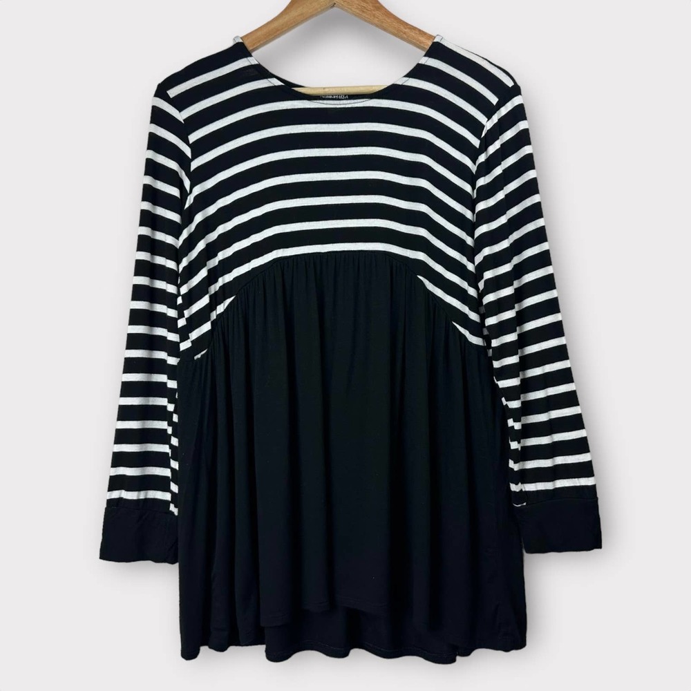 Hemish USA Blouse Striped Long Sleeved Peplum Black White Medium